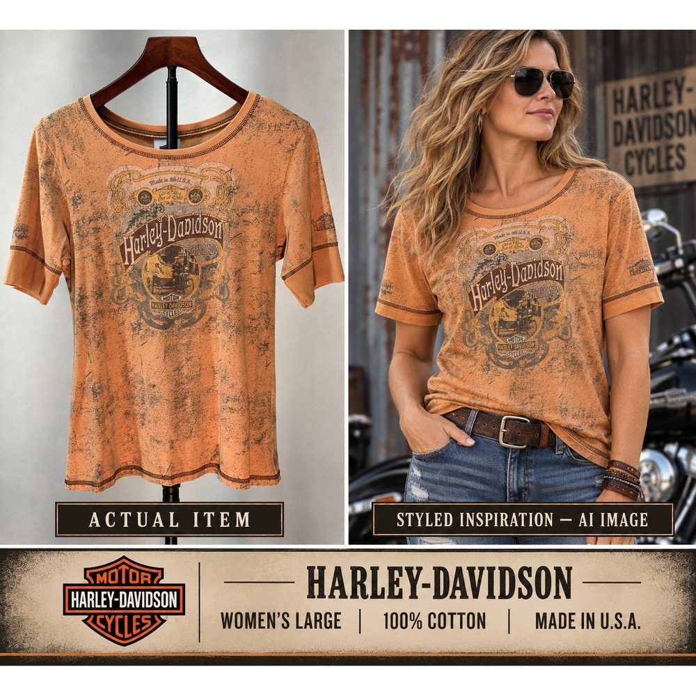 Vintage Harley Davidson Women's Graphic Tee Orange Distressed Y2K Large
